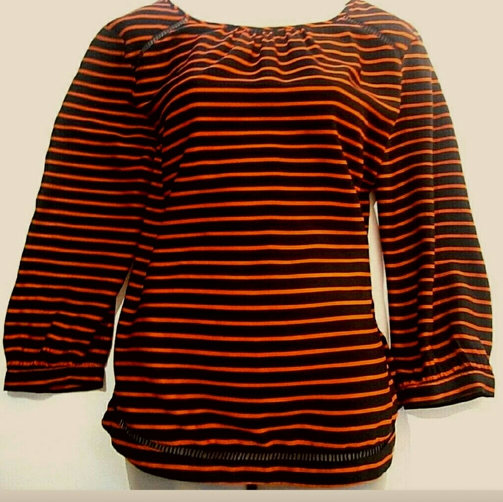 J Crew Orange/Blue Striped 3/4 Sleeves Blouse Sz L